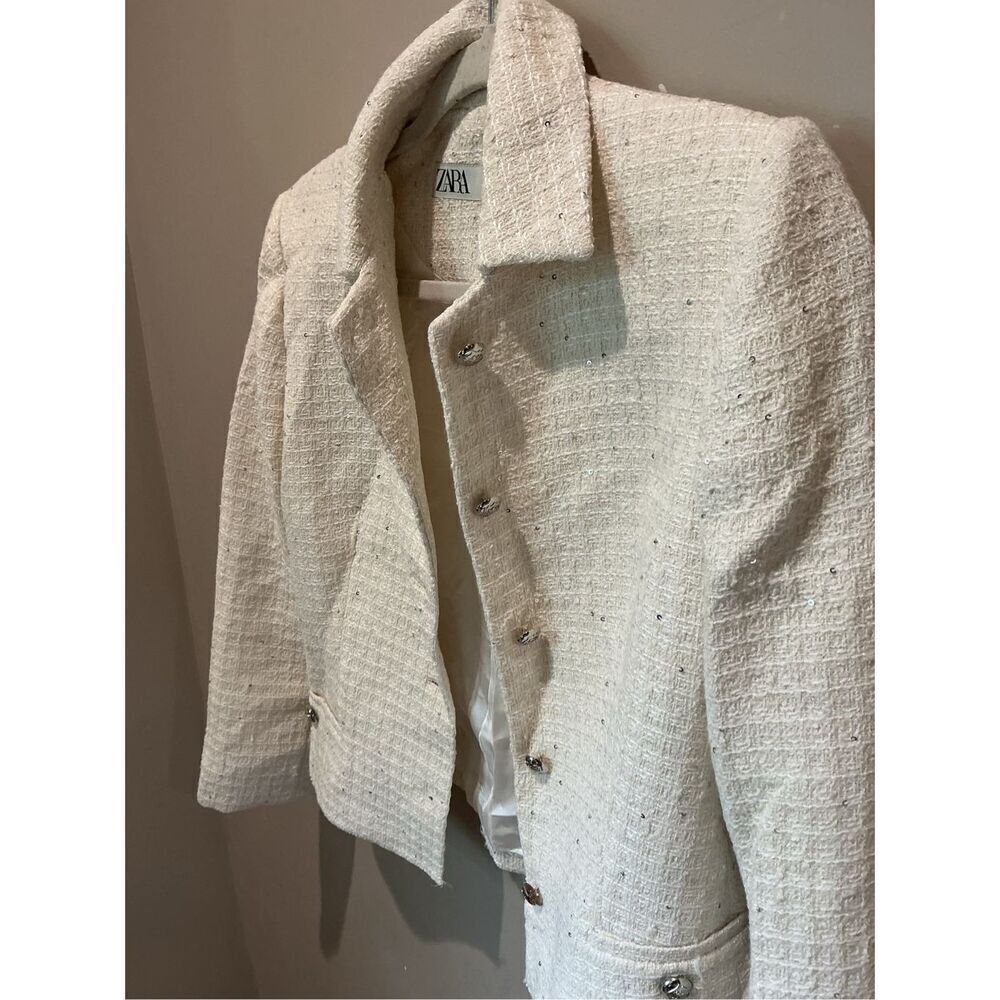 Zara Women's Cream Textured Cotton Fitted Jacket w/Silver Sequin Appliqués - Picture 3 of 7